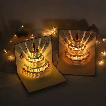 Кавайный торт ко дню рождения, трехмерная поздравительная открытка, вырезанная из бумаги с подсветкой, креатив ручной работы, Отправить поздравительную открытку в подарок для Стю