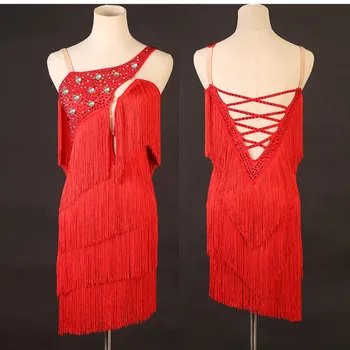 платье для латиноамериканских соревнований с красной бахромой, украшенное стразами, платье для латиноамериканских танцев, женское платье для сальсы Гэтсби, S-XXXL 346