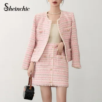 Роскошная Дизайнерская осенне-зимняя одежда 2023, Корейский модный Розовый твидовый жакет и юбка, комплект из двух предметов для женщин, элегантные наряды