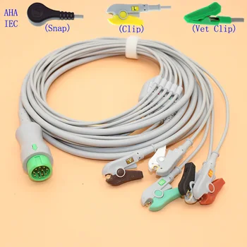 Совместим с 12-контактным ЭКГ-монитором пациента Mindray, 5-проводным кабелем и электродным разъемом типа Snap /Clip, AHA ИЛИ IEC